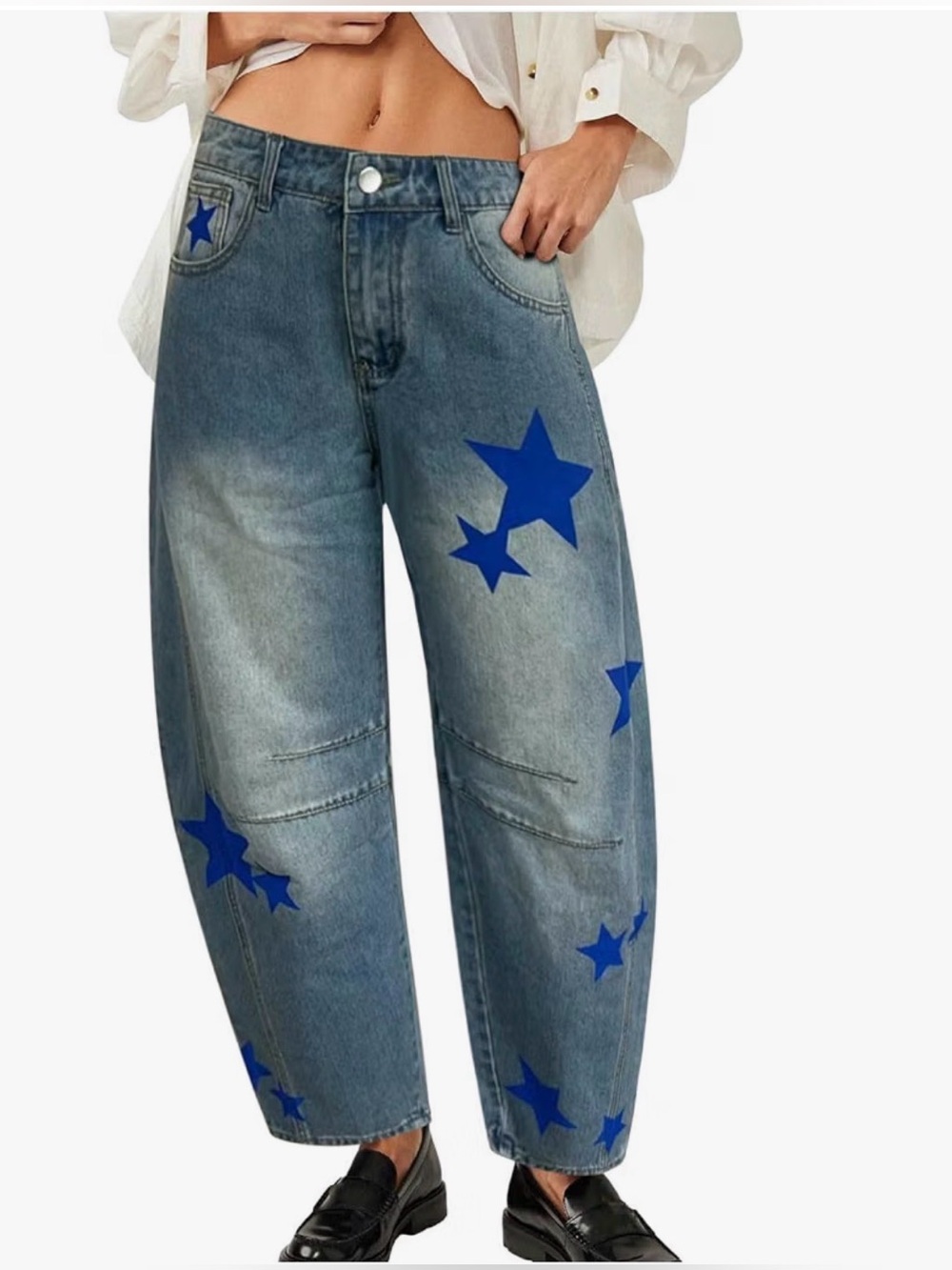 Boutique Light Wash Blue Printed Star Barrel Jeans Rounded Leg High Rise Sz M /L - Picture 2 of 14